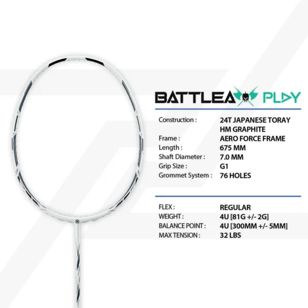 PROTECH Badminton Racket - "Battleax Play" White (4UG1) (MAX32LBS) (FREE String + Grip + Bag)