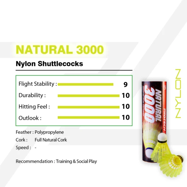 PROTECH NATURAL 3000 | Badminton Nylon Shuttlecocks