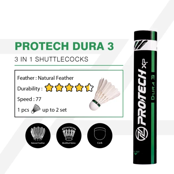 PROTECH 3 IN 1 HYBRID SHUTTLECOCK - DURA 3 (CAN LAST UP TO 2 SETS OF GAMES)(SPEED 77)(FEELLING CLOSE TO NORMAL SHUTTLE)