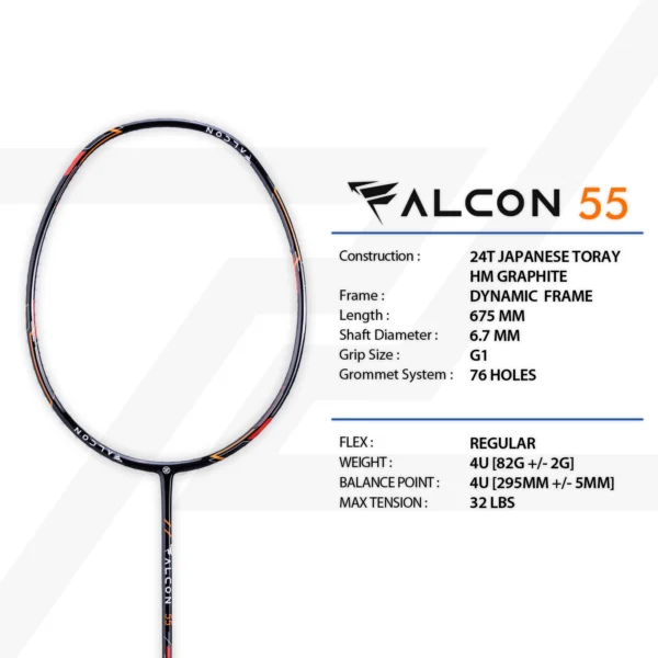 PROTECH Badminton Racket - FALCON 55 | 4UG1 | MAX 32lbs (4UG1) (FREE String + Grip + Bag)