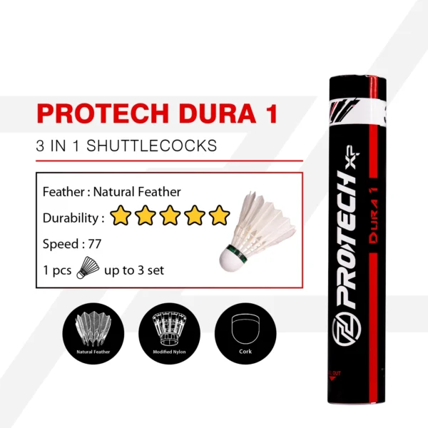 PROTECH 3 IN 1 HYBRID SHUTTLECOCK - DURA 1 (CAN LAST UP TO 3 SETS OF GAMES)(SPEED 77)(FEELLING CLOSE TO NORMAL SHUTTLE)